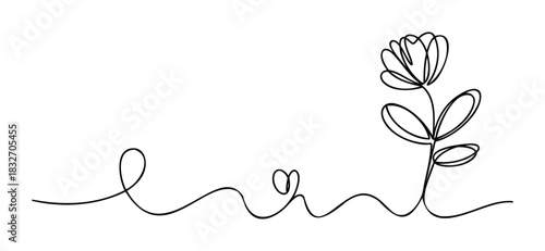 Minimalist black line art of a delicate flower stem with leaves and a looping tendril ending in a heart shape, perfect for organic branding or feminine invitations