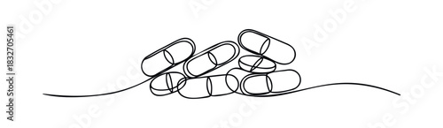 Minimalist continuous line drawing depicts a pile of various pills and capsules, representing concepts of medicine and healthcare for medical or wellness related projects.