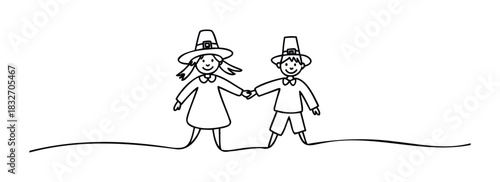 Two children in pilgrim hats holding hands, symbolizing community and togetherness for Thanksgiving and historical celebrations, perfect for educational and festive projects.