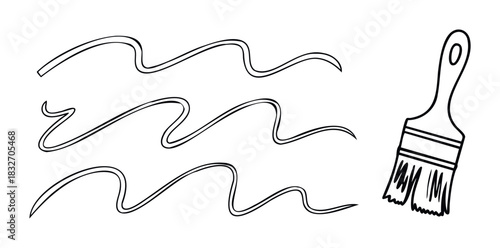 Simple handdrawn outlines of wavy lines and a paint brush, perfect for creative projects and design elements