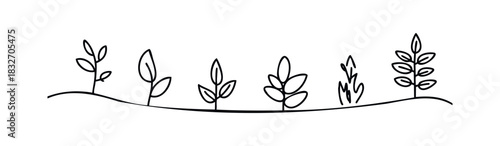 Minimalist black line drawing of several small plants growing from a curved line representing the ground, suitable for nature or growth themes