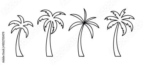 Row of simple black line outline palm trees in varying sizes and styles, perfect for summer vacation or tropical paradise themes in graphic projects.