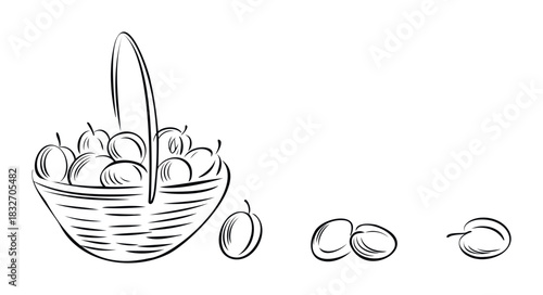 Fresh ripe plums in a woven basket with scattered fruits, ideal for food and harvest themes or healthy eating promotions