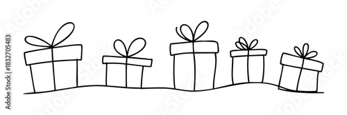 Simple outline of various size gift boxes with bows arranged in a row on a wavy line, perfect for holiday greetings and celebration themes.
