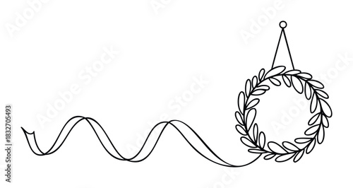 Elegant black line art of a festive wreath hanging with a decorative ribbon, perfect for holiday greetings, seasonal decorations, and New Years invitations.