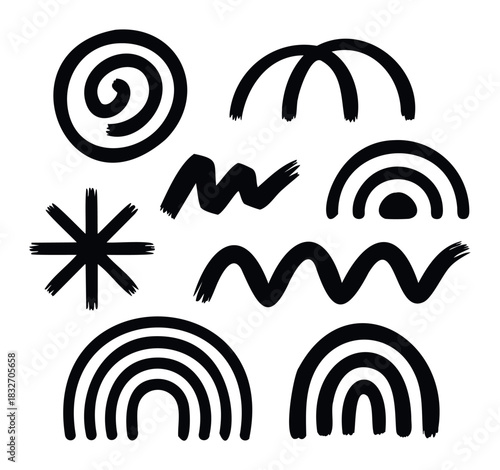 Set of abstract black brush stroke shapes and lines, perfect for modern graphic use and abstract compositions.