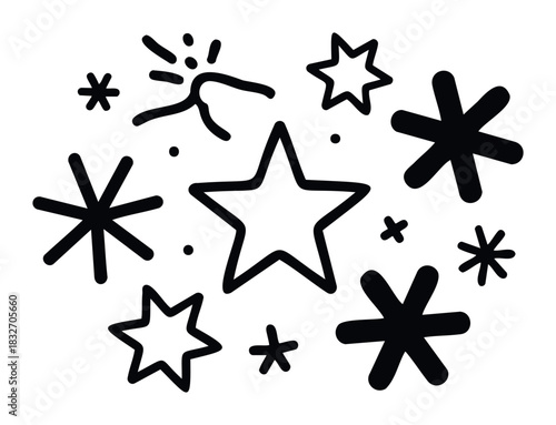 Collection of handdrawn black stars and abstract shapes for festive or celebratory graphic usage and scrapbooking projects.