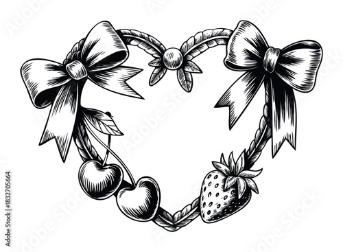 Ornate heart shaped wreath with bows cherries and strawberry for romantic decorations and celebrations providing a vintage etched look and feel for festive occasions