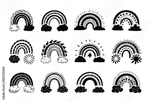 Collection of twelve hand drawn black and white rainbow doodles with clouds, suns, stars, and floral elements, ideal for print on demand products and social media graphics.