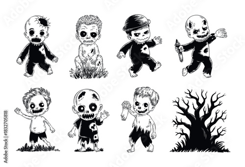 Creepy little zombie kids in various poses and outfits, perfect for Halloween decorations and spooky party invitations.
