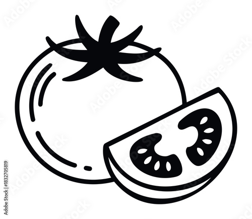 Simple graphic representation of a whole tomato and a slice, perfect for food blogs, recipes, or grocery store promotions conveying freshness and health