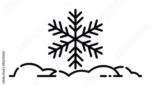 Simple black snowflake icon with rounded mounds representing snow on the ground, perfect for winter weather announcements and seasonal promotions.