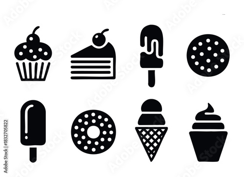 Collection of sweet treats icons including cupcake slice of cake popsicle donut ice cream cone and ice cream cup perfect for food related projects and web usage