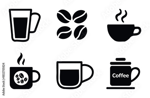 Collection of black coffee related icons including cups mugs beans and steam for food and beverage concepts