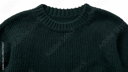 Dark green knitted sweater with crew neck collar and ribbed edges showing soft wool texture and classic design, isolated on a transparent background