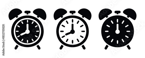 Alarm clocks in black silhouette symbolizing time management and reminders for schedules and appointments, perfect for concept and technology applications.
