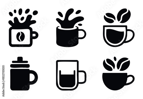 Set of six black coffee cup icons with splashes and beans for beverage branding and cafe promotion purposes
