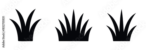 Collection of three black silhouettes of grass clumps, perfect for nature themes, environmental projects, or graphic elements representing growth and landscapes.