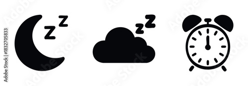 Collection of black icons representing sleep, night and time, suitable for use in digital interfaces, travel apps, and wellness platforms communicating rest and scheduling.