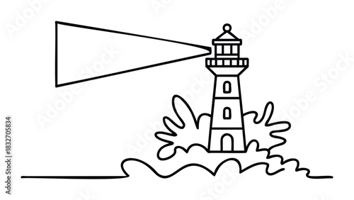 Line art lighthouse emitting a powerful beam over rough seas, perfect for maritime, nautical, and guiding themes in various commercial applications.