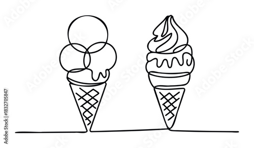 Simple black line art of two ice cream cones, one with scoops and the other soft serve, perfect for summer promotions and cool treats graphics.