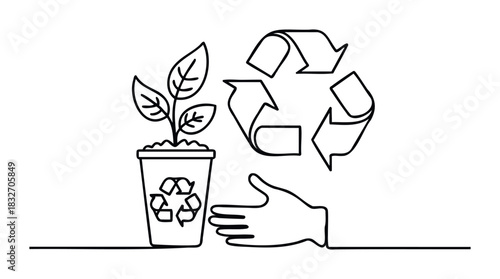 A single line drawing of a potted plant with recycling symbol and a helping hand representing environmental care and sustainability for ecological concepts.