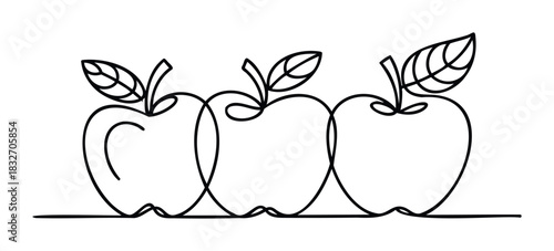 Simple line drawing of three apples with leaves connected by a continuous line, perfect for healthy eating promotions and organic food branding.