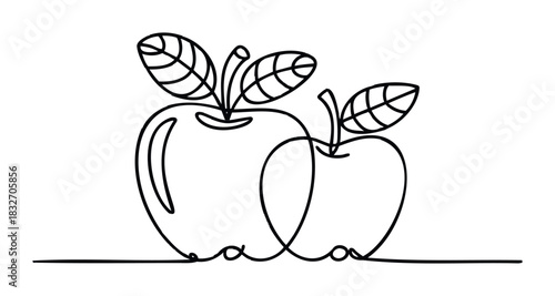 Simple line art outlines of two apples with stems and leaves, perfect for food and natural product related projects and graphic accents.