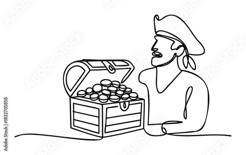 Pirate with treasure chest full of coins, concept for adventure and discovery, suitable for games or storybooks.