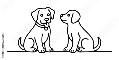 Two adorable line art puppies sitting together looking friendly and happy, perfect for pet care, veterinary services, or animal adoption campaigns.
