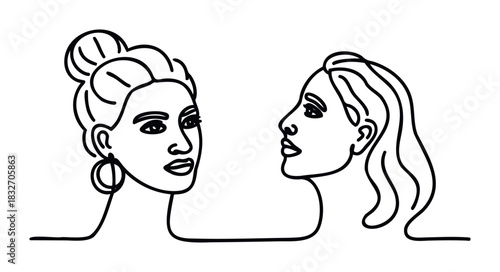 Continuous line drawing of two womens faces in profile, suitable for graphic overlays and feminine branding projects.