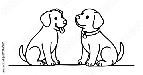 Two happy puppies sitting together looking at each other in a friendly interaction, perfect for pet care services, animal adoption campaigns, or childrens book themes.
