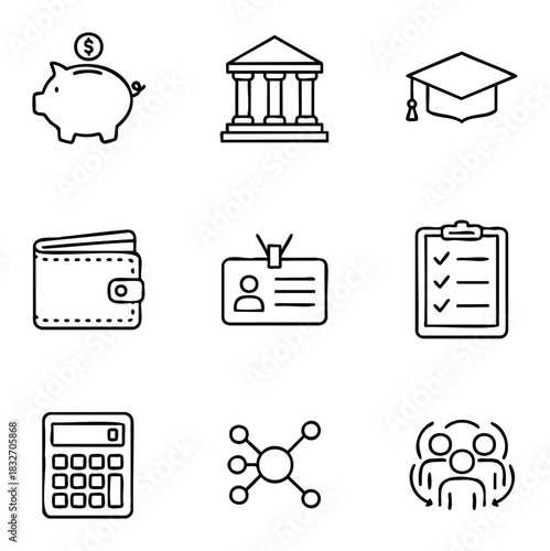 Collection of flat simple line icons representing finance education and professional services such as banking piggy bank graduation cap wallet calculator checklist id badge and teamwork for