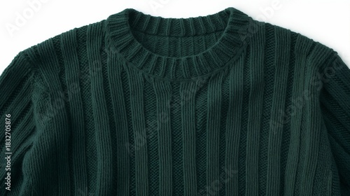 Dark green knitted sweater with crew neck collar and ribbed edges showing soft wool texture and classic design, isolated on a transparent background