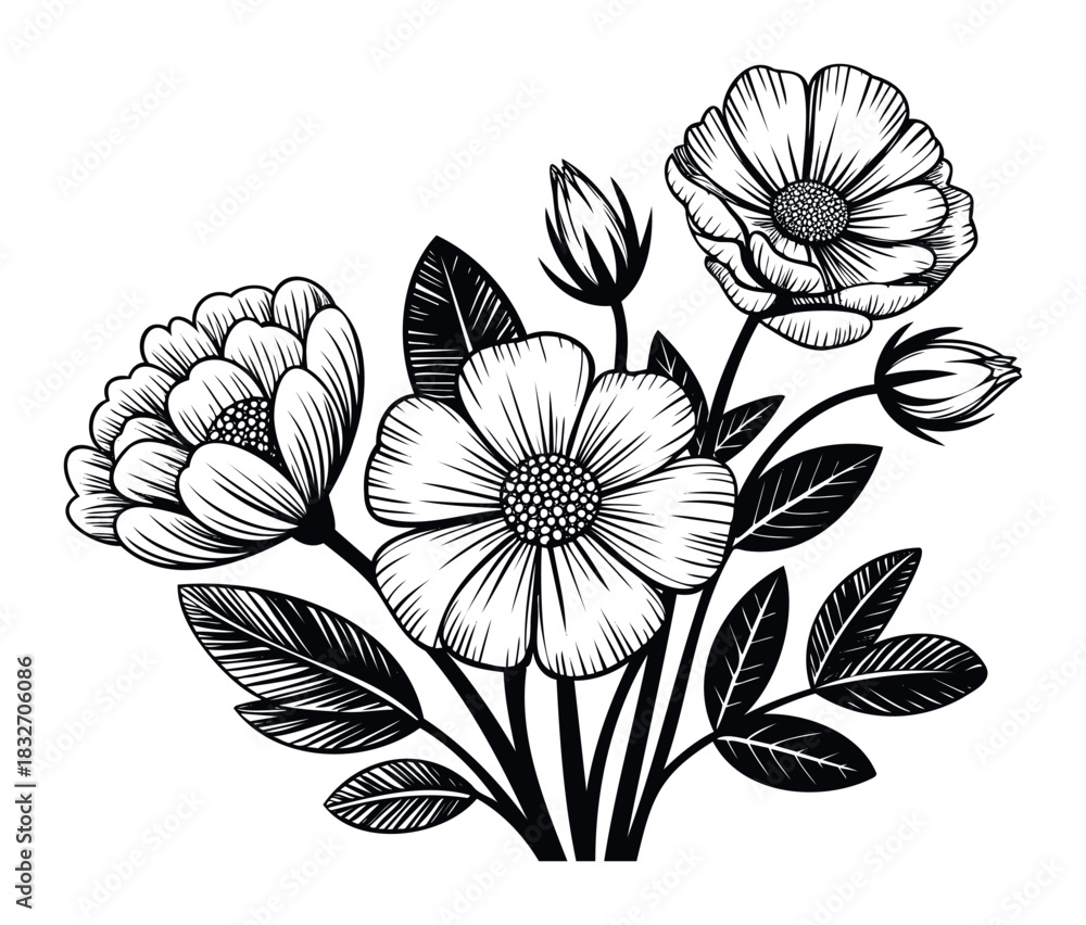 Fototapeta premium Monochromatic bouquet of blooming flowers and buds with leaves, presented in a linocut style for sophisticated applications in branding, editorial content, and decorative projects.