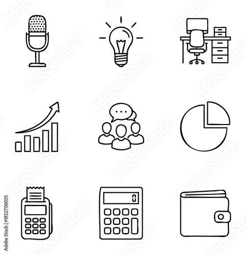 Collection of business and finance icons including microphone idea chart calculator wallet and payment terminal for presentation or web usage