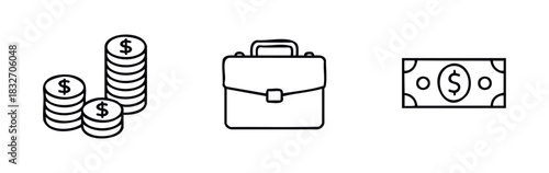 Collection of simple line icons representing financial concepts such as stacked coins, a briefcase, and a banknote, perfect for business and finance related projects.