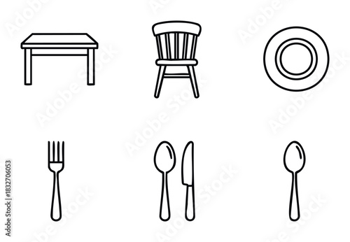 Simple outline icons of dining furniture and cutlery perfect for restaurant menus, food blogs, or recipe websites showcasing a meal setting.