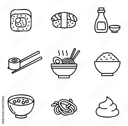 Collection of Japanese food icons including sushi rolls, ramen, rice, soy sauce, and miso soup representing Asian cuisine for menu and food service applications.