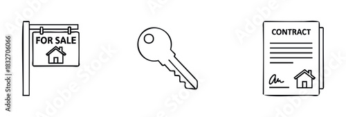 Real estate transaction concept with for sale sign, key, and contract document suggesting property buying or selling process and home ownership security