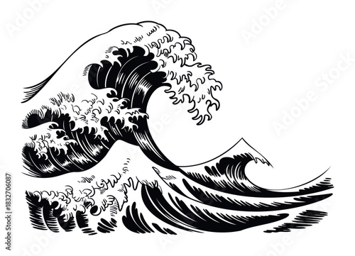 Dramatic black ink drawing of a large crashing ocean wave with foam and sea spray, perfect for use in graphic elements related to nature, travel, or ocean themes.