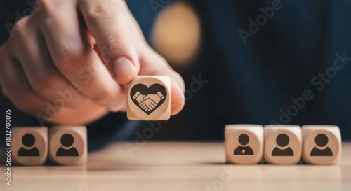 Empathy leadership block. Leader lifting empathy block above aligned staff icons to promote trust, clarity, and emotionally aware decision-making (leadership, EQ).
