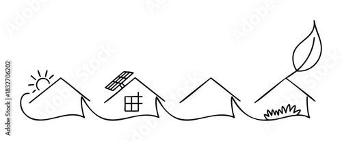 Simple line drawings depict eco friendly homes with sun, solar panel, and leaf symbols for renewable energy concepts and sustainable living ideas.