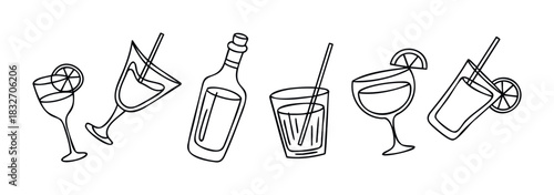 A collection of simple line drawings featuring alcoholic drinks and beverages in glasses and a bottle, perfect for menu, invitations, or website graphics for a celebratory event.