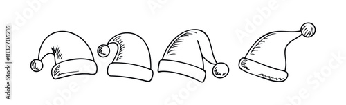 Set of four hand drawn Santa hats in black outline, perfect for holiday invitations, greeting cards, social media posts, and winter celebration themes.