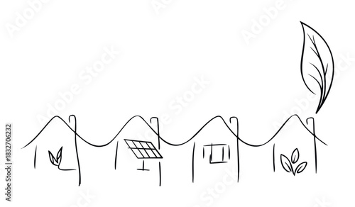 Simple line drawing of ecofriendly homes featuring solar panels and green plants, symbolizing sustainable living and renewable energy for architectural or environmental concepts.