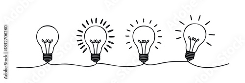Line drawing of four light bulbs connected by wire, symbolizing ideas and innovation for use in business presentations and concepts.