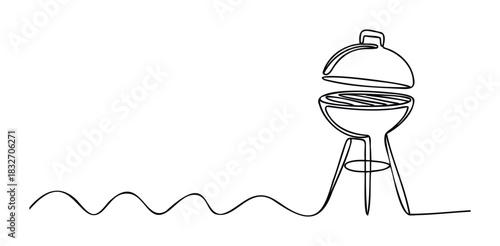 Continuous line drawing of a barbecue grill with a wavy line representing smoke or heat, perfect for food service promotion, summer events, or outdoor cooking themes
