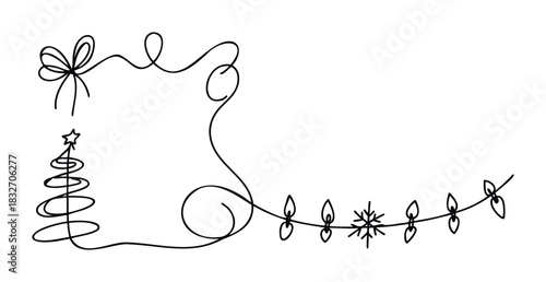 Festive continuous line drawing featuring a Christmas tree with star, bow, and string lights with snowflake for holiday celebration graphic use