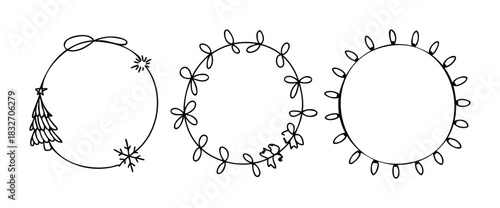 Hand drawn festive circular frames with winter holiday elements like Christmas tree, snowflake, and festive lights for seasonal invitations and decorations
